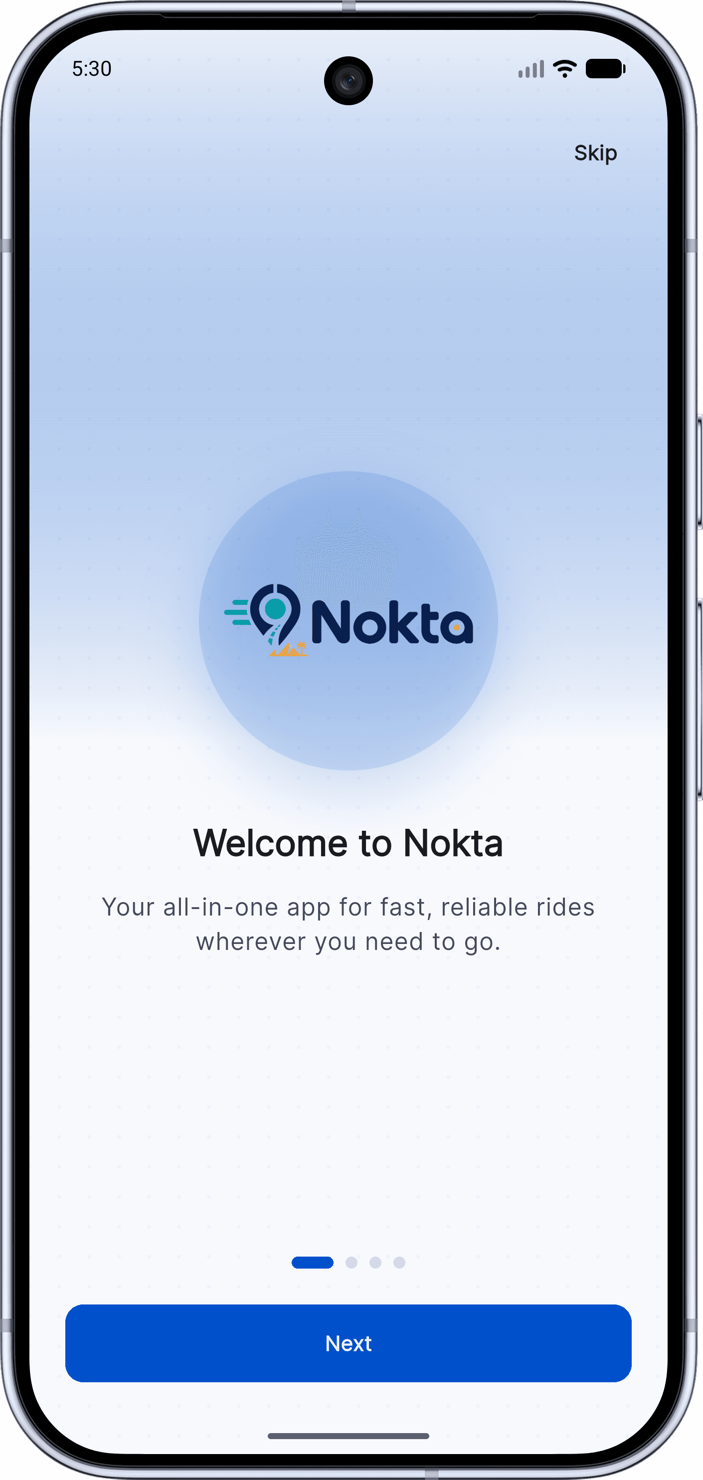 Nokta — Ride-Hailing / Delivery MVP: Splash & Onboarding (2 onboarding)