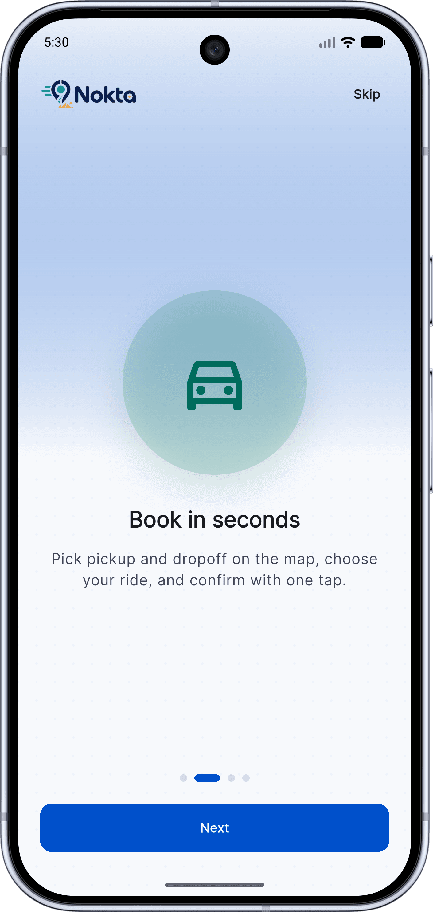 Nokta — Ride-Hailing / Delivery MVP: Splash & Onboarding (3 onboarding)