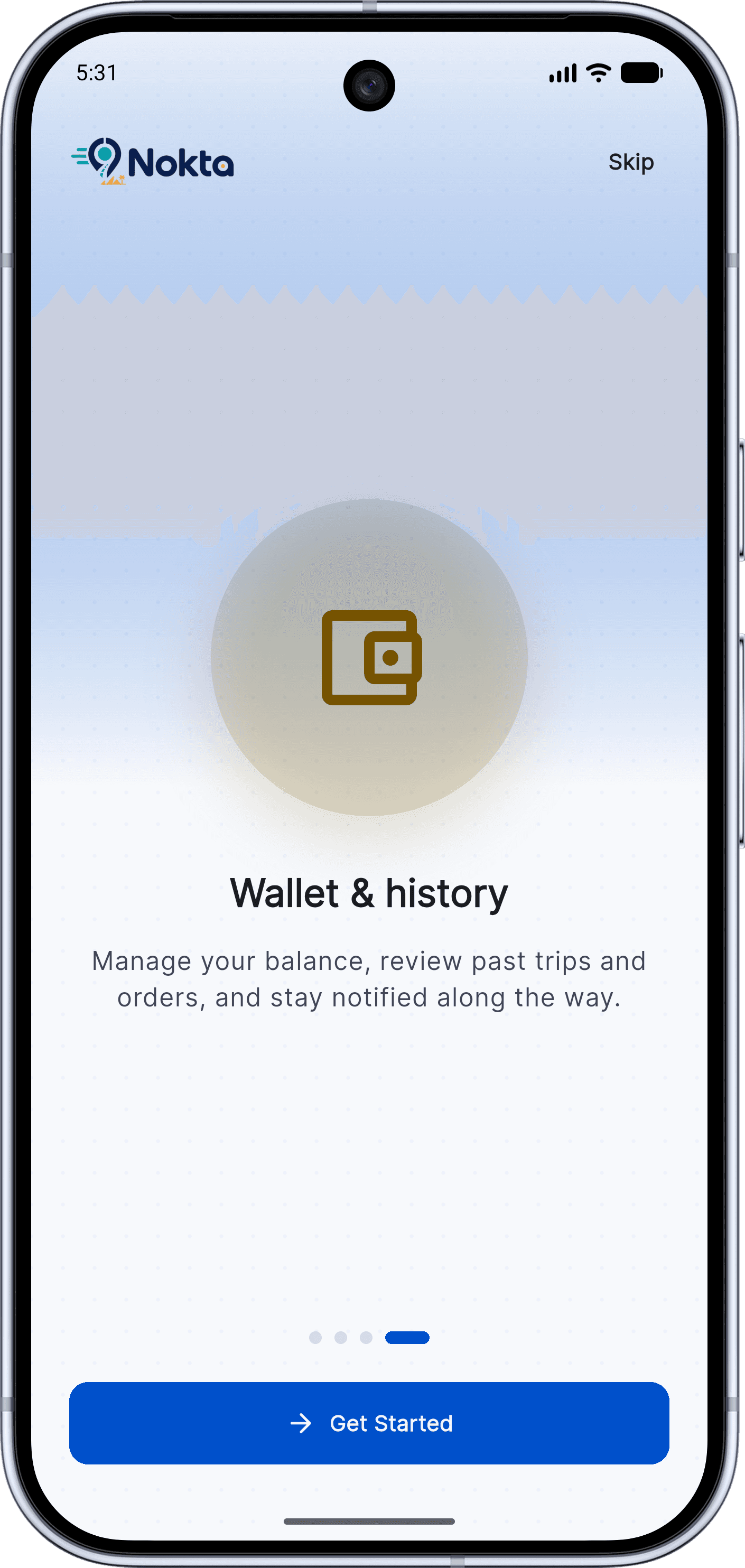Nokta — Ride-Hailing / Delivery MVP: Splash & Onboarding (5 onboarding)