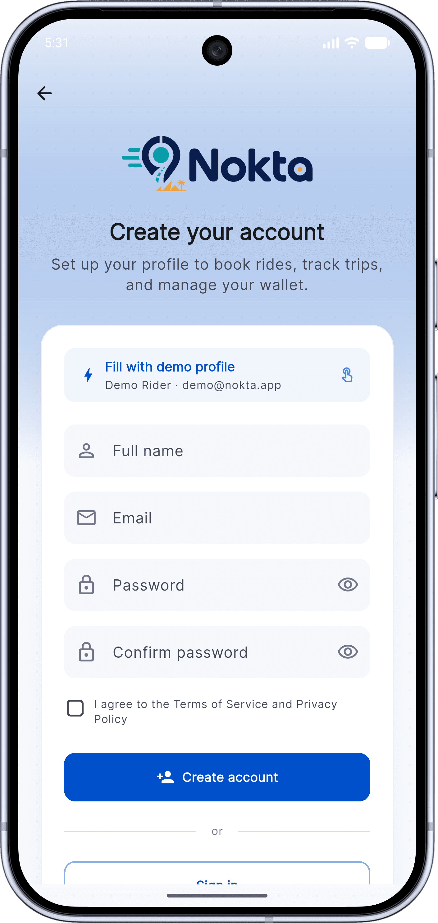 Nokta — Ride-Hailing / Delivery MVP: Authentication Flow (8 register)