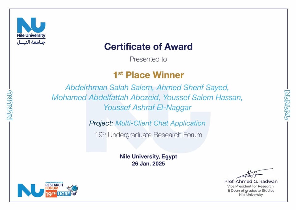 1st Place UGRF 19th — Introduction to Computer Networks certificate preview thumbnail — issued by UGRF (Undergraduate Research Forum)